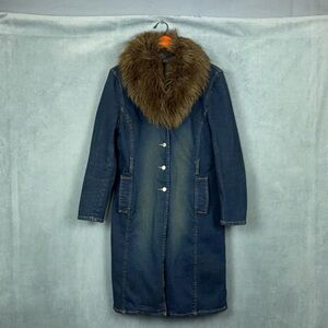 Y2K MIXIT Denim Coat Womens Size 8 Faux Fur Collar Stretch Vintage